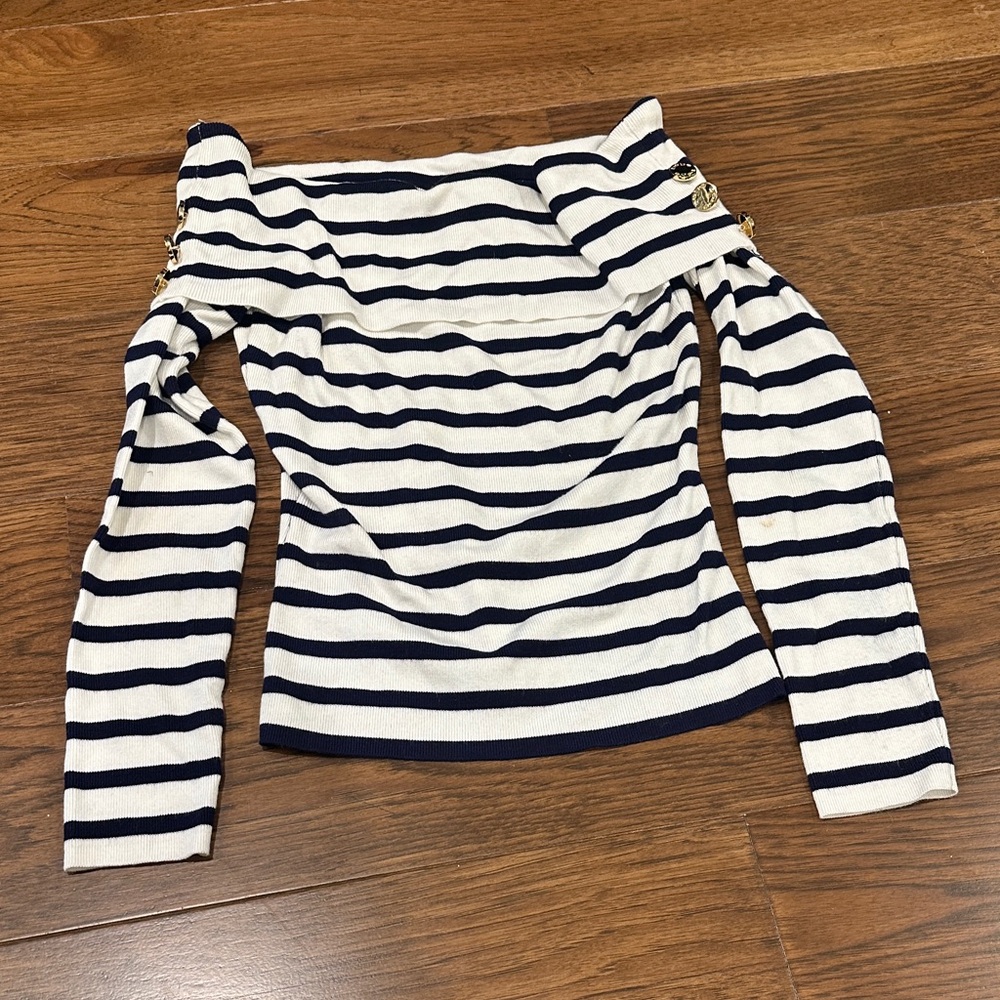 Bebe Striped Off-Shoulder Navy and White Women's Top gold buttons. Xs